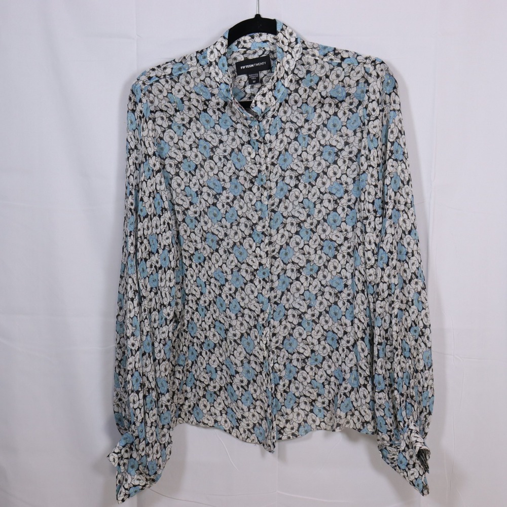 Fifteen Twenty Floral Silk Blend Blouse M Blue Womens‎ Long Sleeve Lurex Top